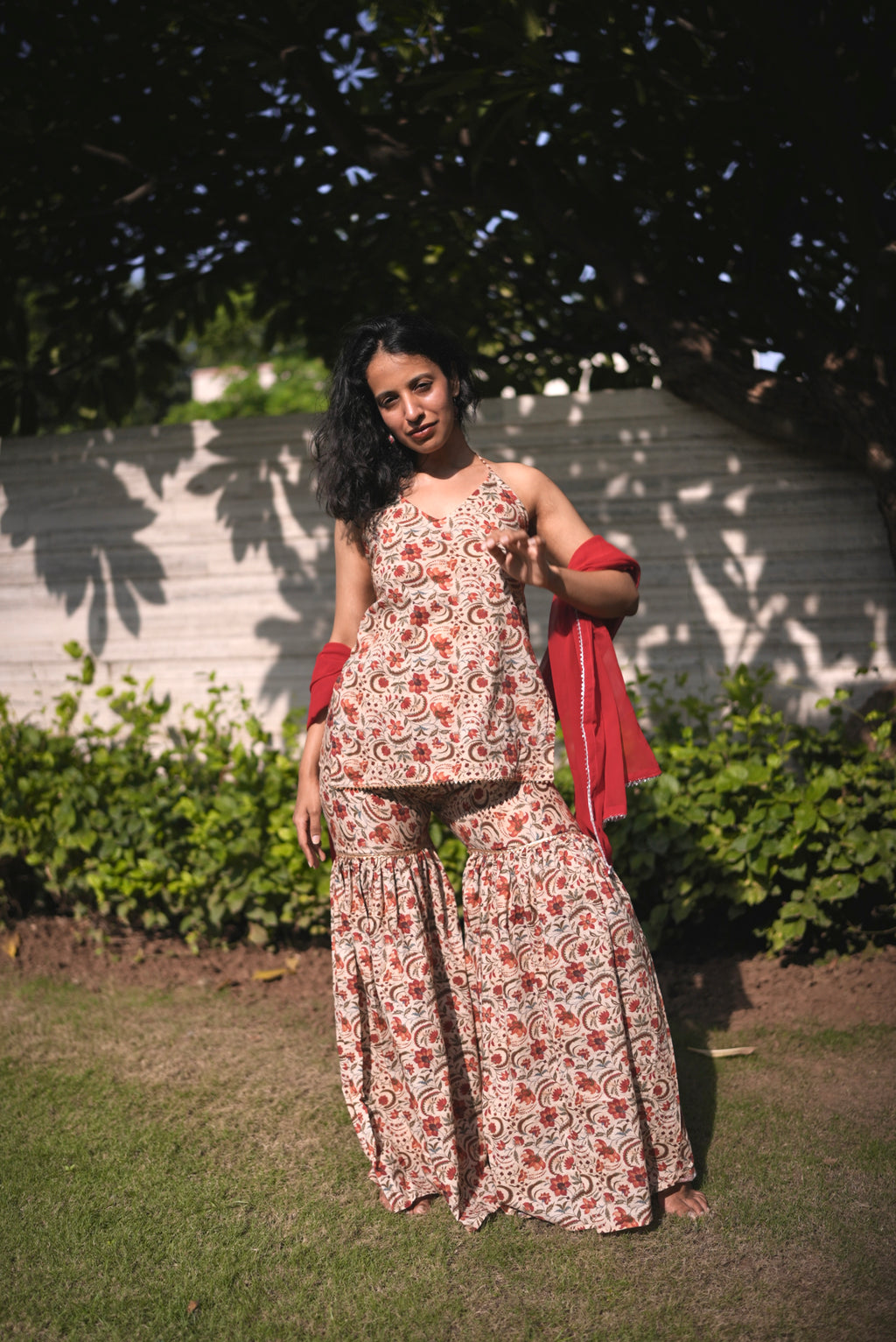 Laal Leher Kurti Sharara Dupatta Set